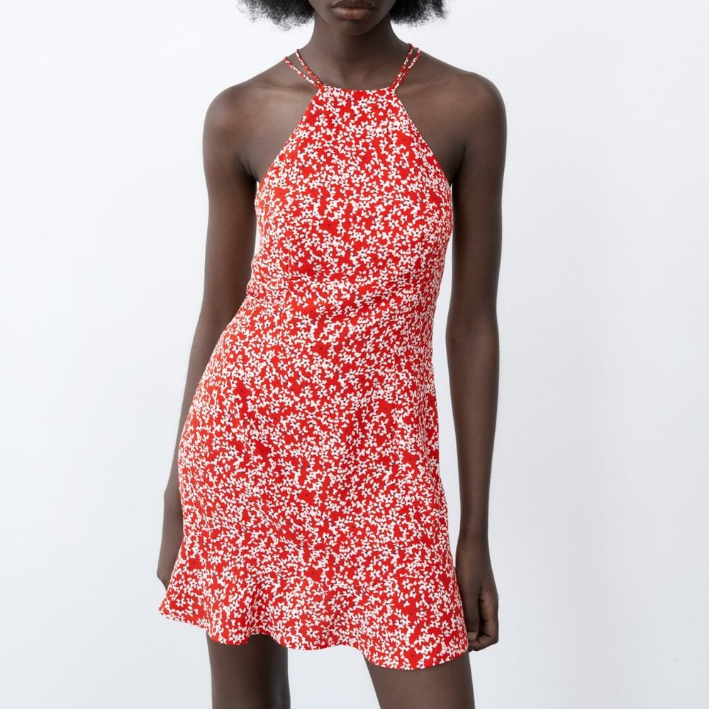 Zara Floral Print Halter Mini Dress in Red - Small - Brand New w/Tags